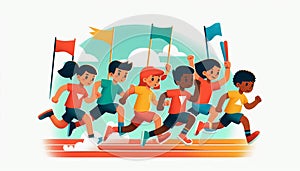 Multicultural kids running a relay race, teamwork, energy, and fun, vibrant isolated flat vector art photo