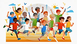 Multicultural kids running a relay race, teamwork, energy, and fun, vibrant isolated flat vector art photo