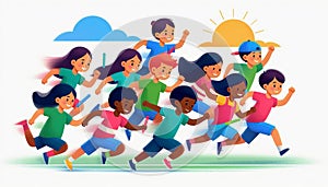 Multicultural kids running a relay race, teamwork, energy, and fun, vibrant isolated flat vector art photo