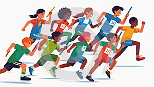 Multicultural kids running a relay race, teamwork, energy, and fun, vibrant isolated flat vector art photo