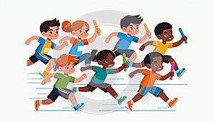 Multicultural kids running a relay race, teamwork, energy, and fun, vibrant isolated flat vector art photo