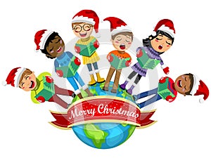 Multicultural kids wearing xmas hat singing Christmas carol Earth isolated