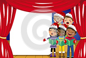 Multicultural kids wearing xmas hat singing Christmas carol nativity play stage copyspace