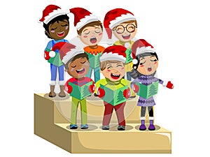 Multicultural kids xmas hat singing Christmas carol choir riser isolated photo