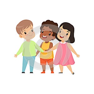 Multicultural little kids standing together, friendship, unity concept vector Illustration on a white background.