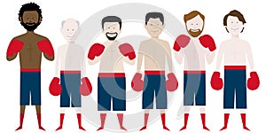 Multicultural male boxers line up