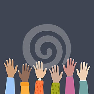 Multicultural and multiethnic people community integration concept with raised human hands. Racial equality of different culture