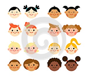 Multicultural national children heads in flat style