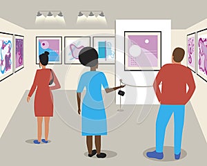 Multicultural people at a contemporary art exhibition, flat vector stock illustration as a concept of abstract paintings in an art
