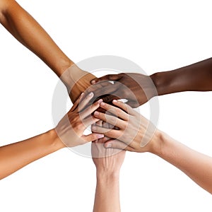 Multicultural People Holding Hands in a Circle on white background.generative ai