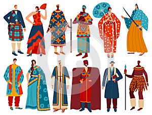 Multicultural people in traditional national costumes, isolated cartoon characters, vector illustration