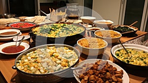 A multicultural potluck gathering showcasing homemade dishes