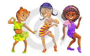 Multicultural school age girls dancing.  watercolor illustration for kids dancing party design