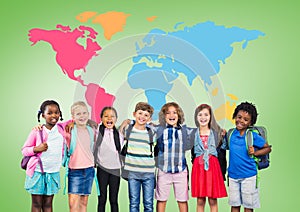 Multicultural School kids in front of colorful world map