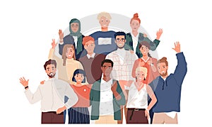 Multicultural team flat vector illustration. Unity in diversity. People of different nationalities and religions cartoon