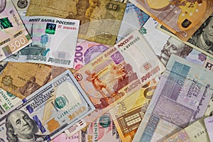 Multicurrency background of euros, US dollars, Russian rubles, Egyptian pounds and Ukrainian hryvnias