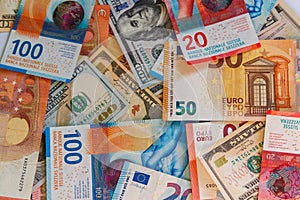Multicurrency background of US dollars, euros and Swiss francs