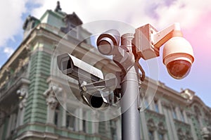 multidirectional CCTV camera installed on a city street