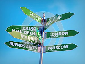 Multidirectional roadsign showing major world capitals directions