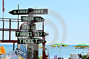 Multidirectional sign with mileage to distant cities