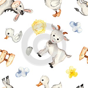 Multidirectional watercolor seamless pattern with farm animals, donkey, goat, goose, fence, sun
