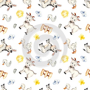 Multidirectional watercolor seamless pattern with farm animals, donkey, goat, goose, fence, sun on a white background