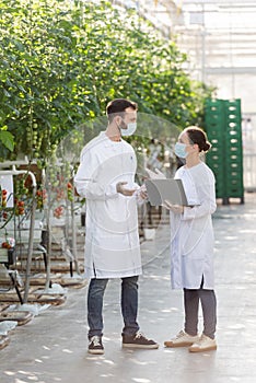 multiethnic agricultural technologists in medical masks