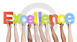 Multiethnic Arms Raised Holding Text Excellence photo