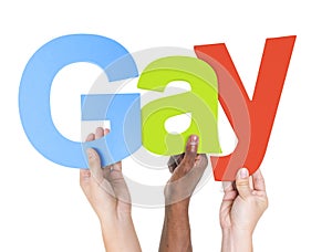 Multiethnic Arms Raised Holding Text Gay