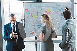 multiethnic business people working at whiteboard while senior businessman