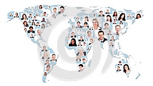 Multiethnic business people on world map