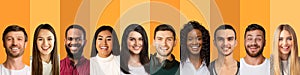 Multiethnic community concept. Collage of positive diverse people faces over color studio backgrounds, panorama
