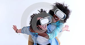 Multiethnic couple getting experience using VR headset glasses