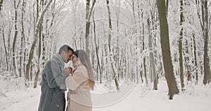 Multiethnic couple hugging each other in winter forest