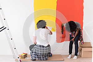 Multiethnic couple painting interior wall