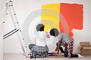Multiethnic couple painting interior wall