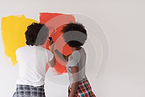 Multiethnic couple painting interior wall