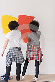 Multiethnic couple painting interior wall