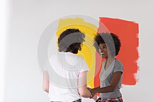 Multiethnic couple painting interior wall