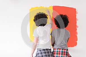 Multiethnic couple painting interior wall