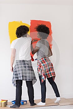 Multiethnic couple painting interior wall