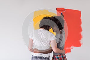 Multiethnic couple painting interior wall