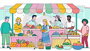 Multiethnic Customers Shopping at Vibrant Farmers Market Stall photo