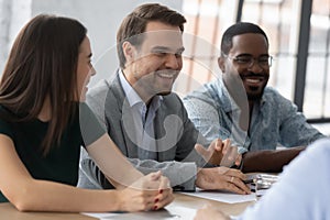 Multiethnic employer HR managers team smiling and laughing