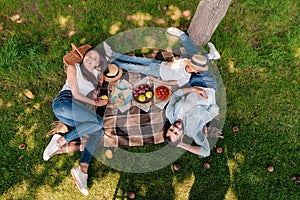 Multiethnic family eating and drinking while resting on plaid at picnic