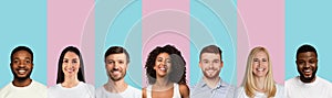 Multiethnic Females And Males Portraits, Pink And Blue Backgrounds, Collage