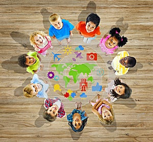 Multiethnic Group of Children with World Map