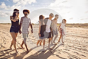Multiethnic group of friends walking on the beach