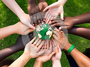 Multiethnic group of hands rising green world, cooperating for environmental protection and sustainability