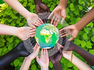 Multiethnic group of hands rising green world, cooperating for environmental protection and sustainability